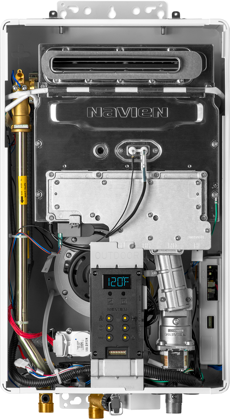 outdoor gas tankless water heater with cover removed and internal components visible