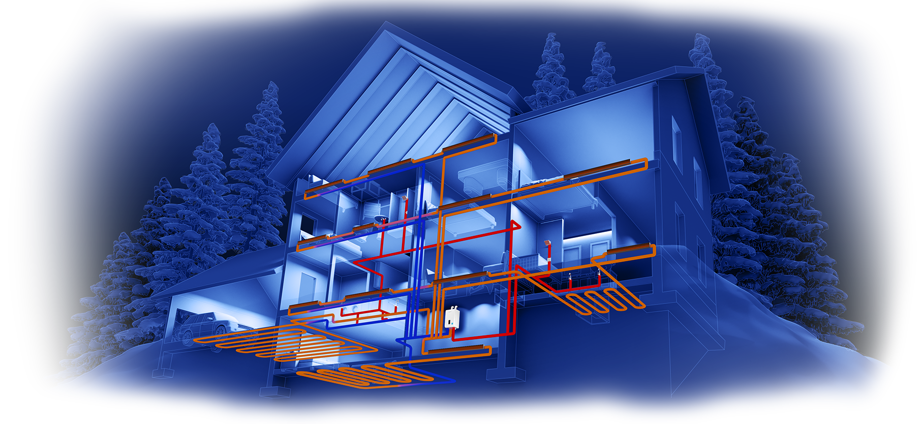  3D illustration of home with combi-boiler showing water lines for subfloor heating and domestic hot water