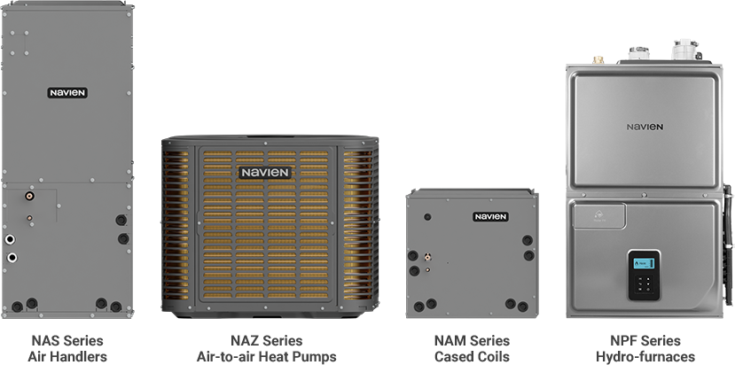 Navien NPF hydronic furnace shown in upright and horizontal configurations