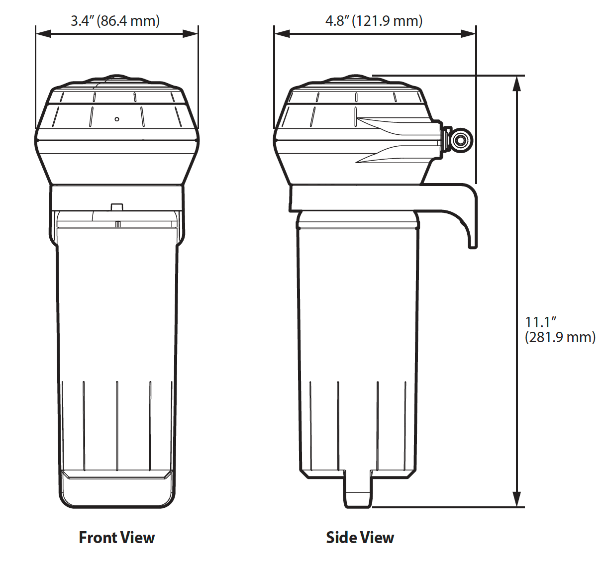 front view and side view of Navien WUA500 with dimensions