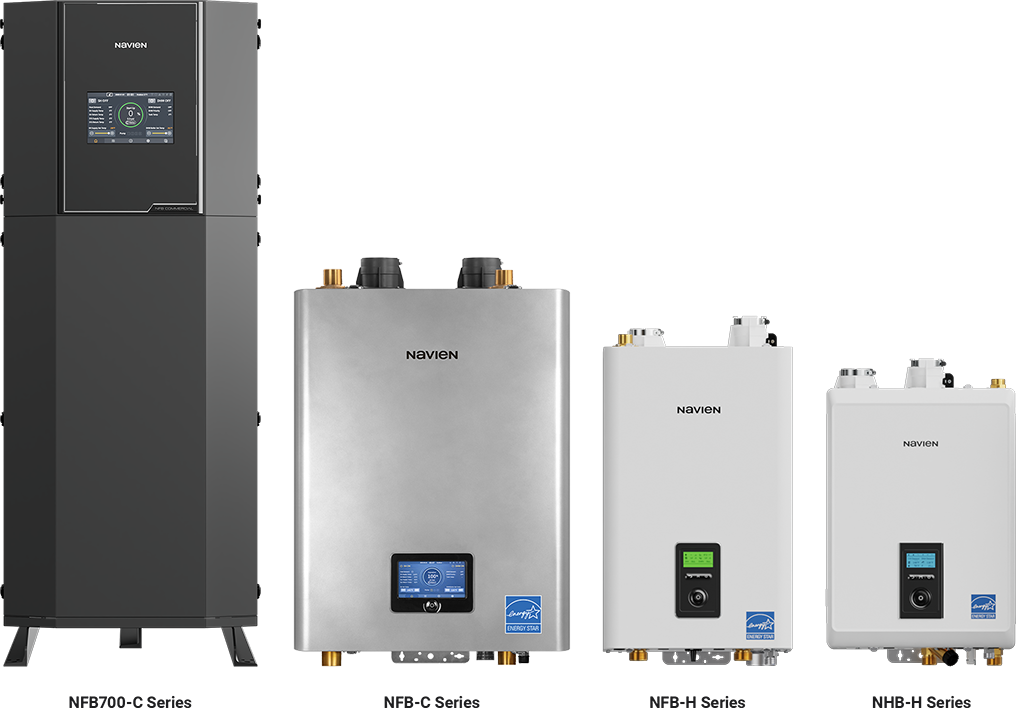 Navien NFB-700C Series commercial boiler, Navien NFB-C Series commercial boiler, Navien NFB-H Series commercial boiler, and Navien NHB-H Series commercial boiler