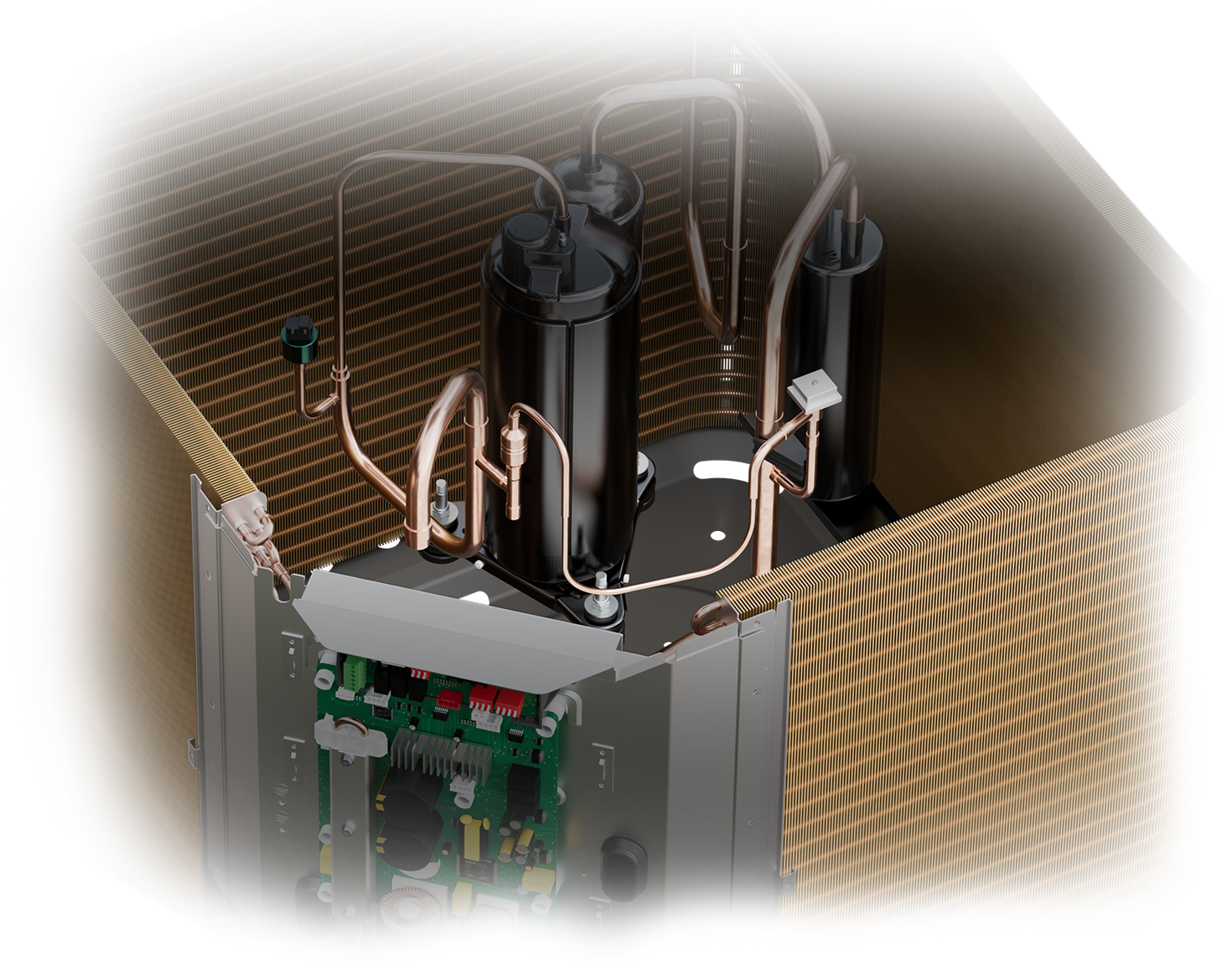 Detail view of compressor, coil and other components inside heat pump