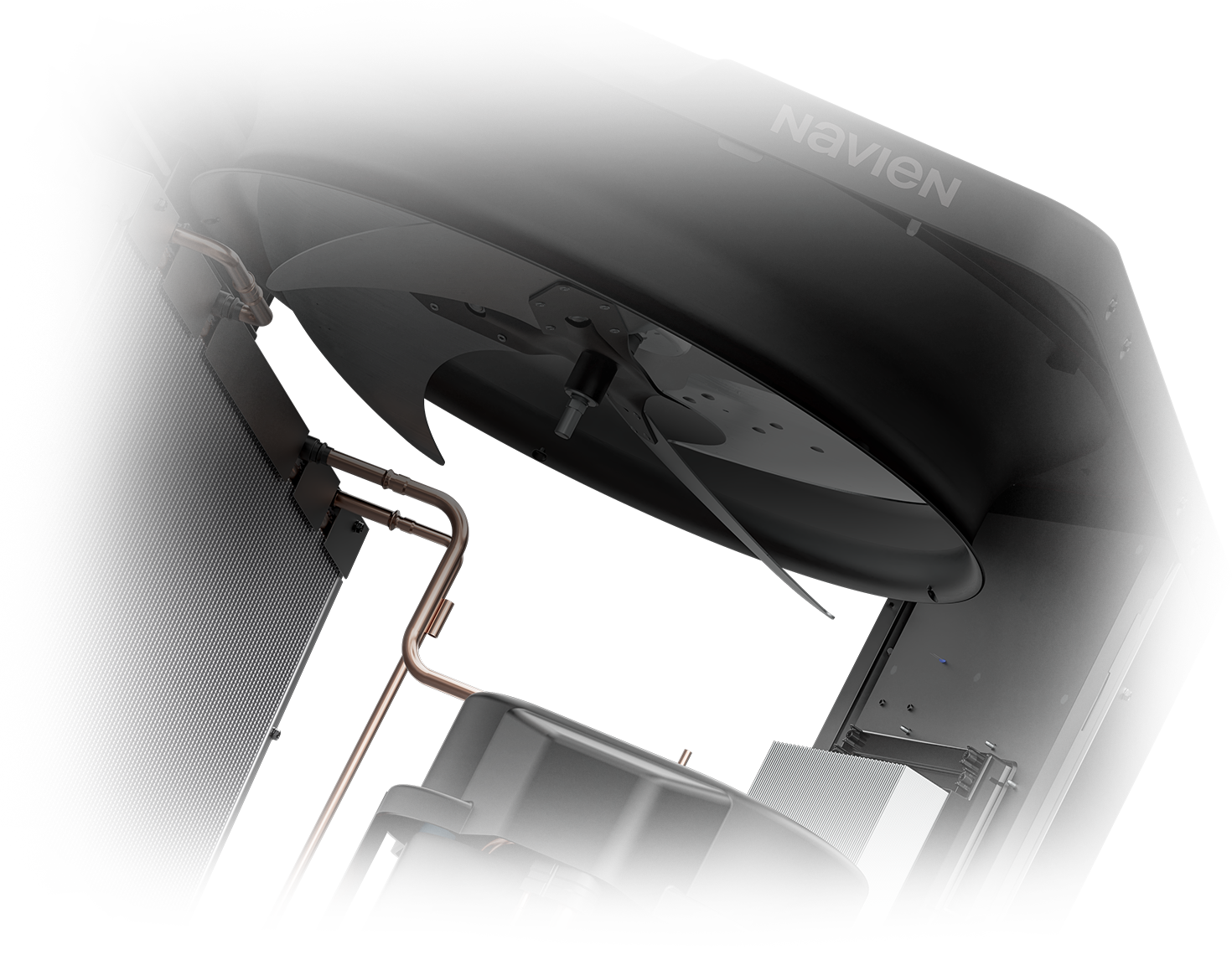 Detail view of compressor, coil and other components inside heat pump