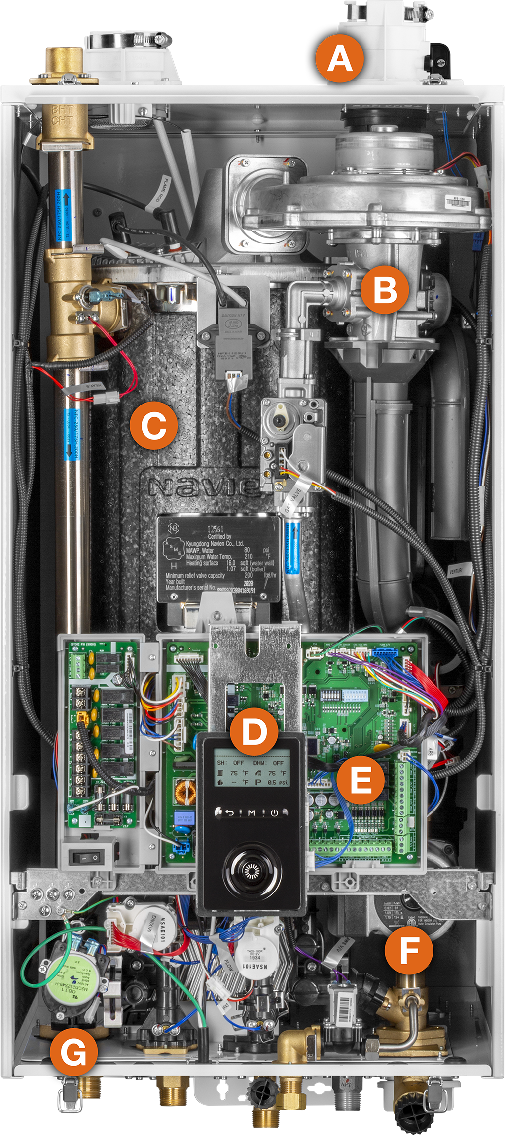 Navien NFC-H series condensing fire tube combi boiler with cover removed and interior components labeled