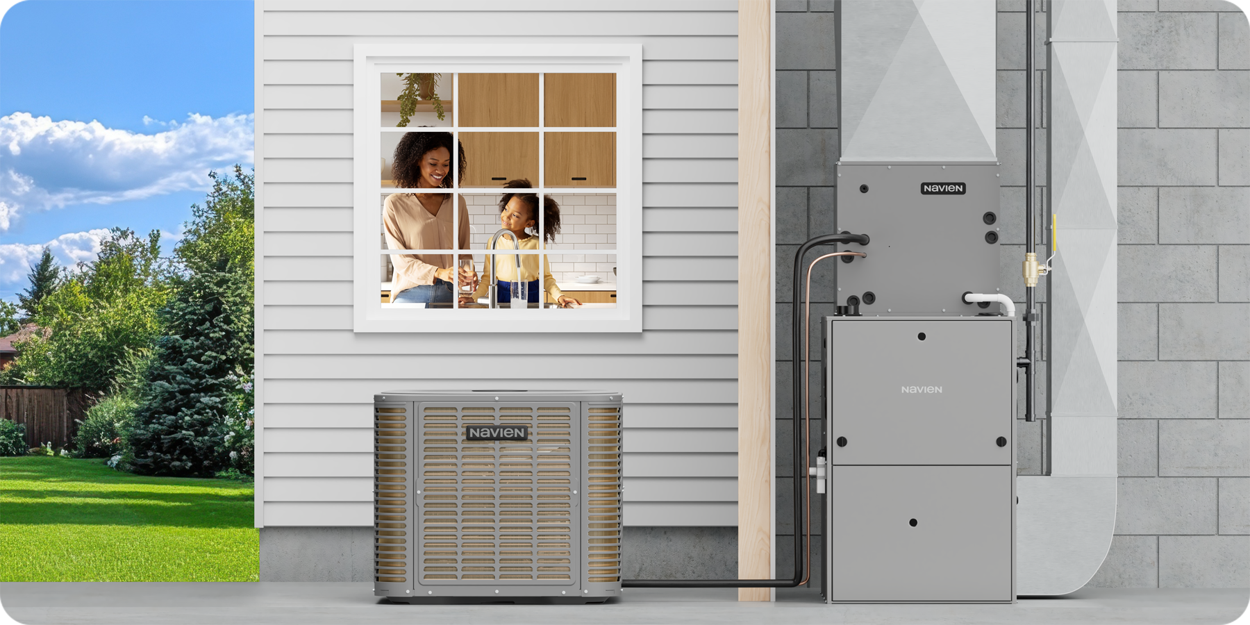 Navien NAE hydro air conditioner integrated with residential HVAC system
