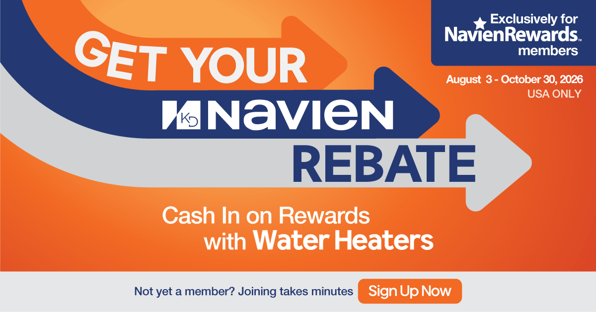 Navien Water Heater Promo header banner: Earn cash back on eligible water heaters. Not yet a member? Joining takes minutes