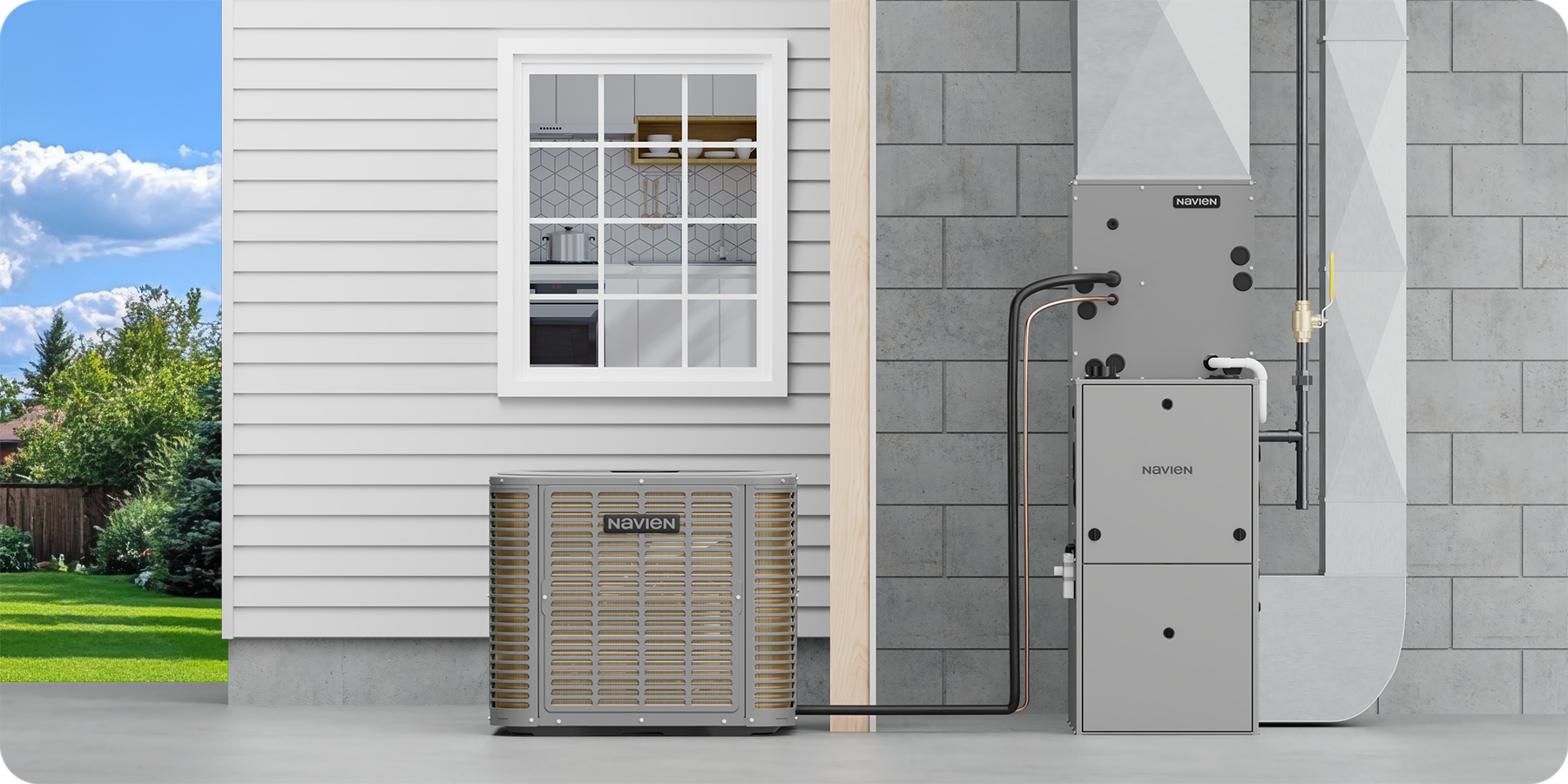 Navien NAE hydro air conditioner integrated with residential HVAC system