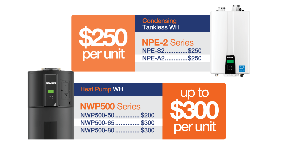 Navien Water Heater Promo breakdown showing eligible models: Non-condensing NHW Series up to $150, Condensing NPE-2 Series $200, and Heat Pump NWP-500 Series up to $250 per unit