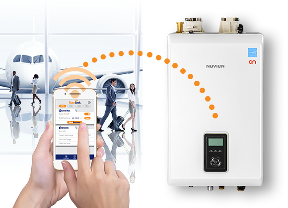 person at airport using NaviLink app to control combi-boiler over Wi-Fi